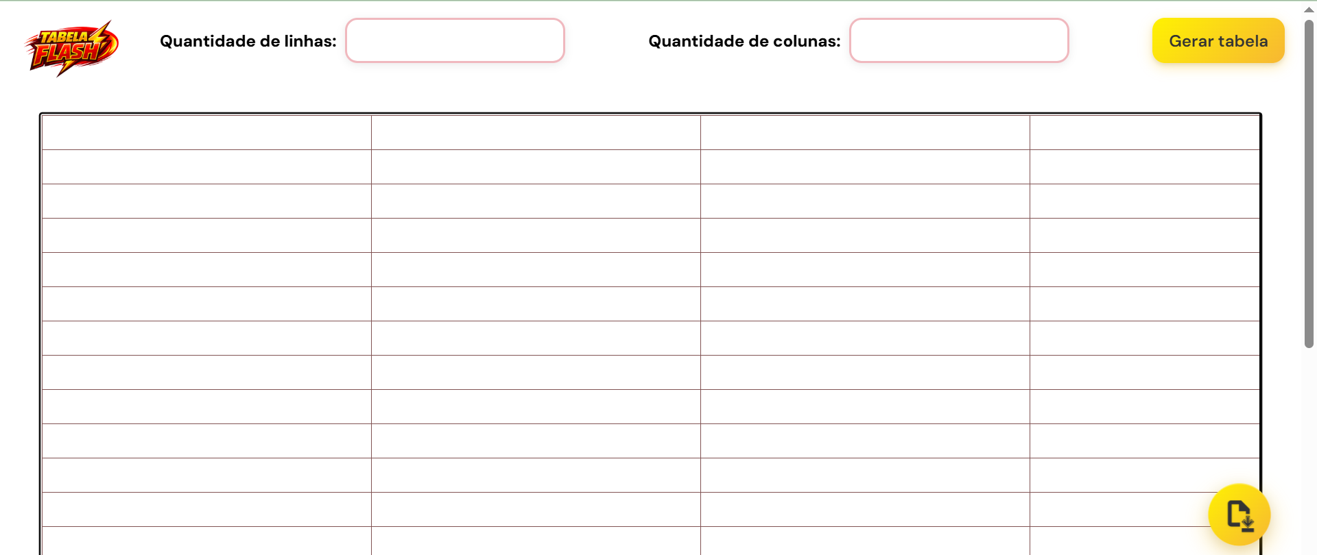 Print de pagina inicial de gerador simples e rápido de tabelas